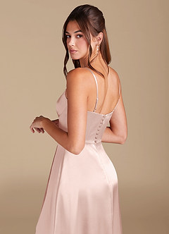 Azazie Halsey Bridesmaid Dresses Blushing Pink A-Line Side Slit Metallic Satin Dress image2