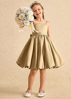 Azazie Davine vestidos de niña de las flores Vestido de Oro de Satin Mate de Corte En A con Tirante Espagueti image7