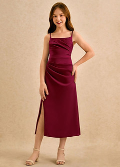 Azazie Canna Girls Formal Robe Demoiselle D'honneur Fillette Robe Trapèze en Satin extensible Plissée Bourgogne image4