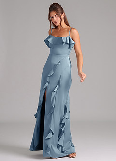 Azazie Malia Bridesmaid Dresses Dusty Blue A-Line Side Slit Stretch Satin Dress image4