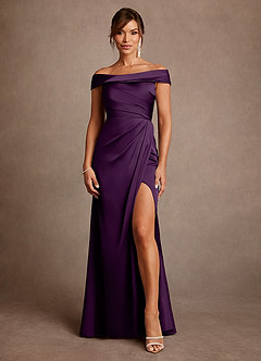 Azazie Bedford Mother of the Bride Dresses Grape Sheath Pleated Stretch Satin Dress image1