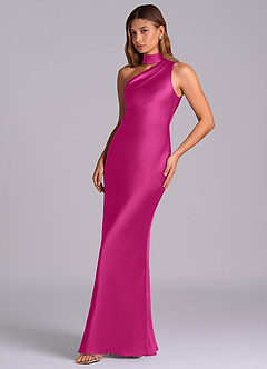 Azazie Seona Robes de demoiselle d'honneur Robe Sirène en Satin extensible Une épaule Fuchsia image6