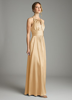 Azazie Bonnie Bridesmaid Dresses Gold A-Line Pleated Stretch Satin Dress image4