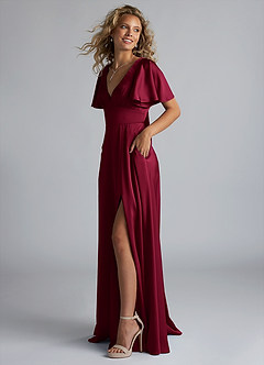 Azazie Kimber Bridesmaid Dresses Burgundy A-Line Ruched Stretch Satin Dress image6