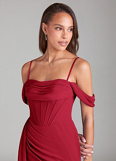 Azazie Amyra Bridesmaid Dresses Scarlet Sheath Off the Shoulder Chiffon Convertible Dress image7