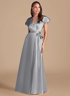 Azazie Nico Vestidos de damas de honor Vestido de Plata de Satén Metálico de Corte en A con Plisado image2