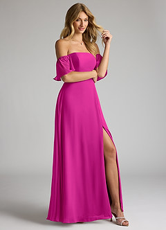 Azazie Sue Robes de demoiselle d'honneur Robe Trapèze Convertible en Mousseline de soie Épaule décolletée Fuchsia image5