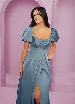 Barbie ♥ Azazie Robes de demoiselle d'honneur Robe Trapèze en Satin extensible Rayé Bleu Poussiéreux image5