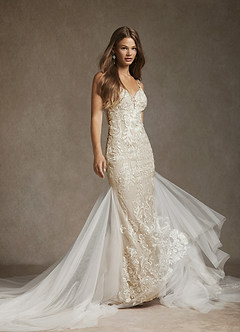 Azazie Josephine Final Sale Diamond White Nude Mermaid V-Neck Sequins Tulle Dress image3