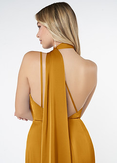 Azazie Kaylani Robes de demoiselle d'honneur Robe Sirène en Satin extensible Col Haut Caramel écossais image6