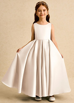 Azazie Pepper Flower Girl Dresses White Alabaster A-Line Pleated Matte Satin Dress image3