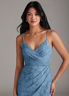 Azazie Maci Bridesmaid Dresses Steel Blue Sheath Pleated Floral Burnout Dress image5