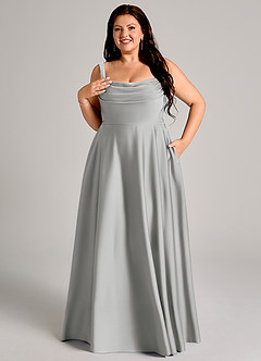 Azazie Shaude Bridesmaid Dresses Silver A-Line Pleated Stretch Satin Dress image11
