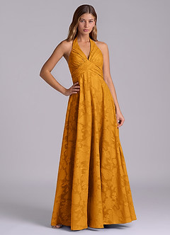 Azazie Tessie Bridesmaid Dresses Butterscotch A-Line Pleated Floral Burnout Dress image1