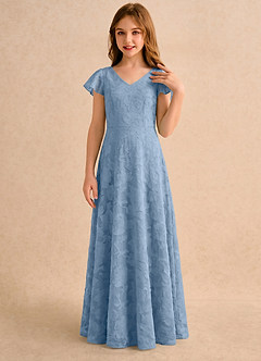 Azazie Narin Girls Formal Blumenmädchenkleider A-Linie mit ärmel Blumen-Burnout Kleid Puderblau image3