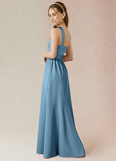 Azazie Jiya Junior Steel Blue A-Line Pleated Stretch Satin Dress image3
