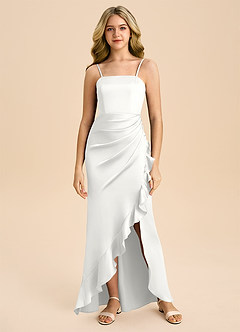 Azazie Buzzy Junior White Sheath Pleated Stretch Satin Dress image3