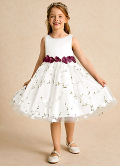 Azazie Starri Flower Girl Dresses Ivory Mulberry Ball-Gown Beaded Matte Satin Dress image4