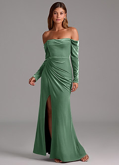 Azazie Hallie Bridesmaid Dresses Eucalyptus Mermaid Long Sleeve Velvet Convertible Dress image4