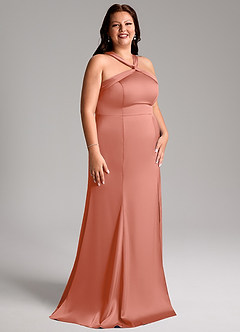 Azazie Rue Vestidos de damas de honor Vestido de Rosa Salmón de Satén Elástico de Corte Sirena con Plisado image12