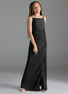 Azazie Leonis Junior Black A-Line Pleated Stretch Satin Dress image3