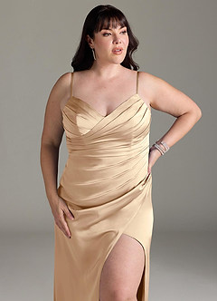Azazie Yola Bridesmaid Dresses Champagne Sheath V-Neck Pleated Stretch Satin Convertible Dress image14