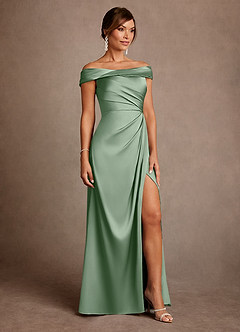 Azazie Bedford Mother of the Bride Dresses Matcha Sheath Pleated Stretch Satin Dress image4