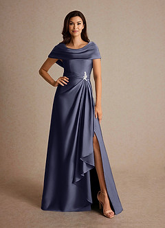 Azazie Branford Mère de la mariée Robes Robe Trapèze en Satin extensible Plissé Bleu Orageux image5