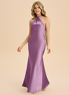 Azazie Chickie Junior Vestido de Glicinia de Satén Elástico de Corte Recto con Plisado image5