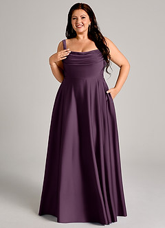 Azazie Shaude Bridesmaid Dresses Plum A-Line Pleated Stretch Satin Dress image11