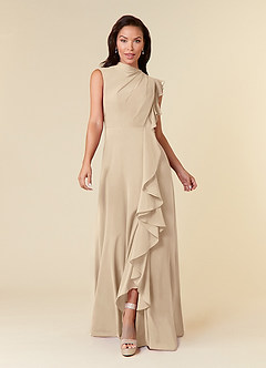Azazie Narine Mother of the Bride Dresses Champagne A-Line High Neckline Pleated Chiffon Dress image3