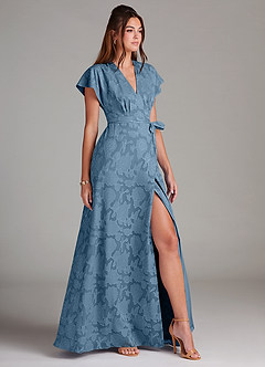 Azazie Ling Bridesmaid Dresses Steel Blue A-Line Pleated Floral Burnout Dress image4