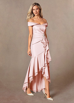 Azazie Billings Mother of the Bride Dresses Blushing Pink Mermaid Off the Shoulder Stretch Satin Dress image6