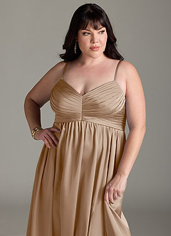 Azazie Alia Bridesmaid Dresses Taupe A-Line Pleated Stretch Satin Dress image14
