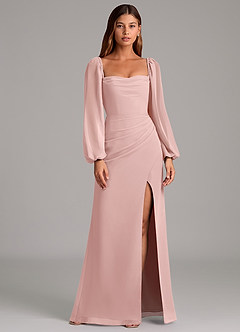 Azazie Brixley Brautjungfernkleider Meerjungfrau-Linie Langarm Chiffon Kleid Puderrosa image1