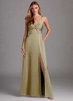 Azazie Jenna Bridesmaid Dresses Moss Green A-Line Pleated Stretch Satin Dress image2