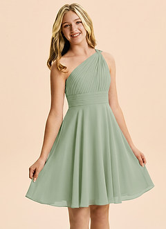 Azazie Charlize Junior Vestido Salvia Polvorienta de Gasa de Corte en A con Plisado image5