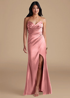 Azazie Yola Bridesmaid Dresses Rosette Sheath Pleated Metallic Satin Dress image1