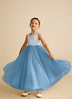 Azazie Tay Flower Girl Dresses Steel Blue A-Line Sequins Tulle Dress image6