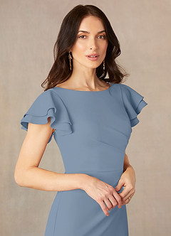 Azazie Peppermint Final Sale Dusty Blue Mermaid Scoop Ruched Stretch Crepe Dress image3