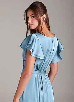 Azazie Daphne Robes de demoiselle d'honneur modestes Robe Trapèze Rayé Longueur ras du sol Satin extensible image2