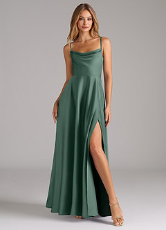 Azazie Elle Bridesmaid Dresses Eucalyptus A-Line Pleated Stretch Satin Dress image4