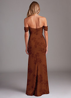 Azazie Saige Bridesmaid Dresses Burnt Orange Floral Sheath Off the Shoulder Stretch Satin Dress image10