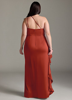 Azazie Latrice Bridesmaid Dresses Rust Sheath One Shoulder Cascading Ruffles Stretch Satin Dress image7