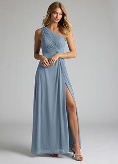 Azazie Brooke Bridesmaid Dresses Dusty Blue A-Line One Shoulder Mesh Dress image1
