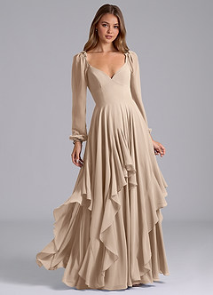 Azazie Karan Bridesmaid Dresses Taupe A-Line Long Sleeve Chiffon Dress image1