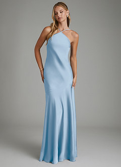 Azazie Carly Vestidos de damas de honor Vestido Azul Pálido de Satén Elástico de Corte Sirena Convertible con Plisado image8