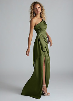 Azazie Maive Bridesmaid Dresses Olive Sheath Ruched Stretch Satin Dress image4