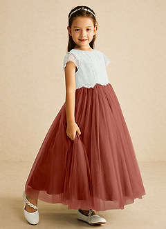 Azazie Bumblebee Blumenmädchenkleider A-Linie Spitze Tüll Kleid Elfenbein Kastanienbraun image2