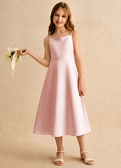 Azazie Jaella Girls Formal Blomsterpigekjoler A-Line Plisseret Mat satin Te-længde Kjole image2